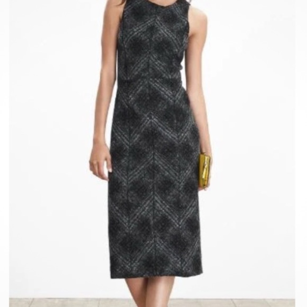 Banana Republic Gray Textured Plaid Dress, Lined, Wool, Sheath, Size 2
